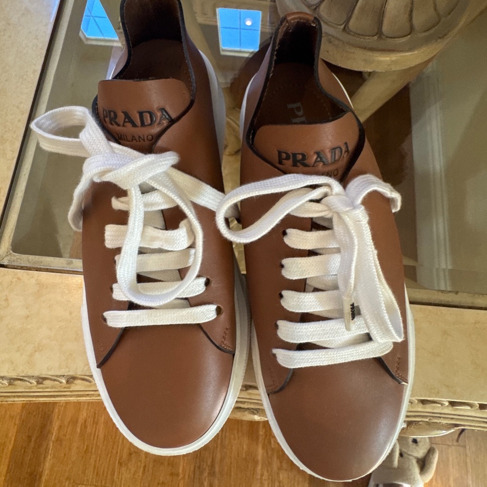 Prada 37 1/2 Minimal Leather Cognac Sneaker - Picture 3 of 9